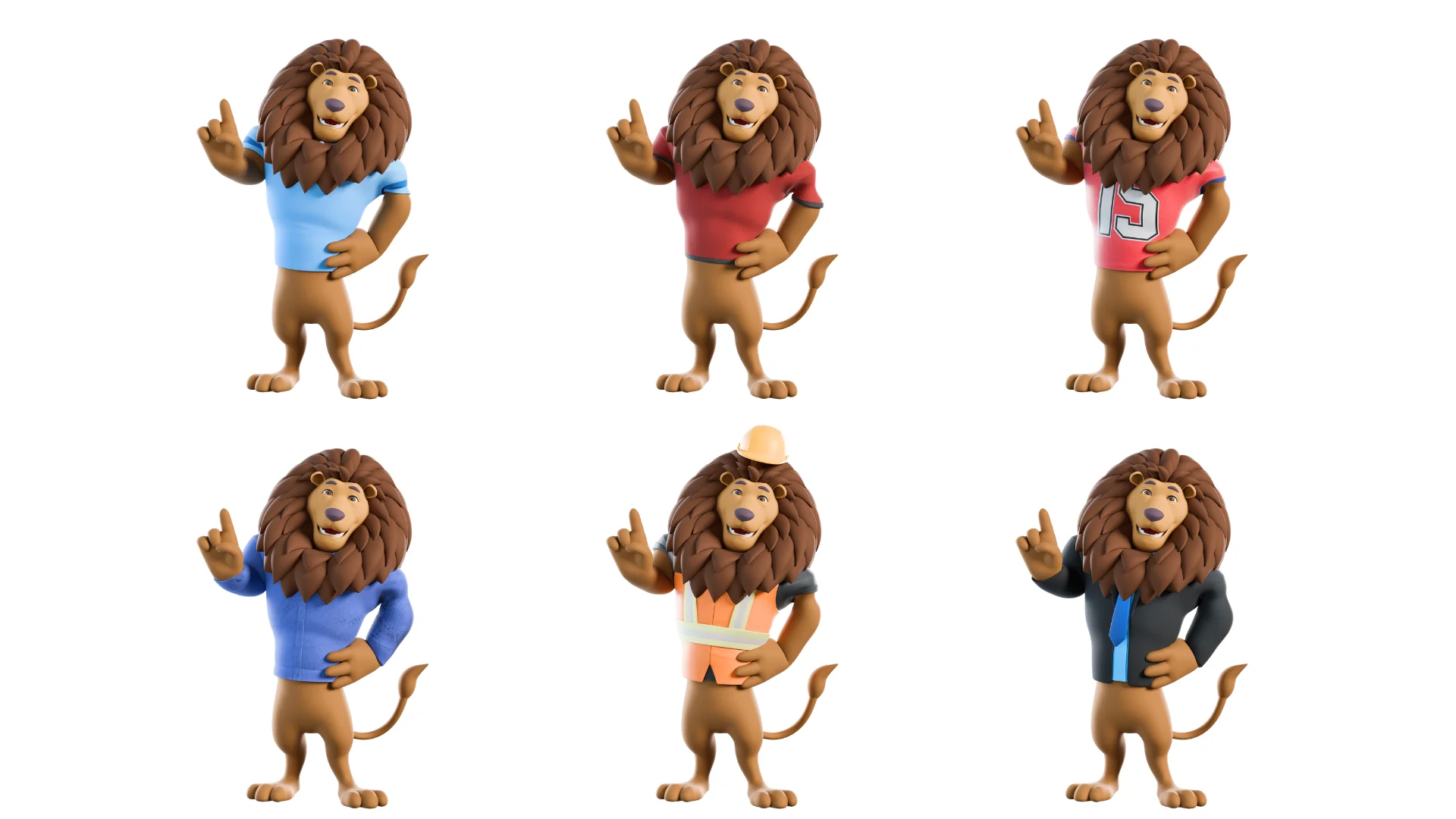 Various clothes options for lion mascot - jersey, t-shirt, working outfit, suit